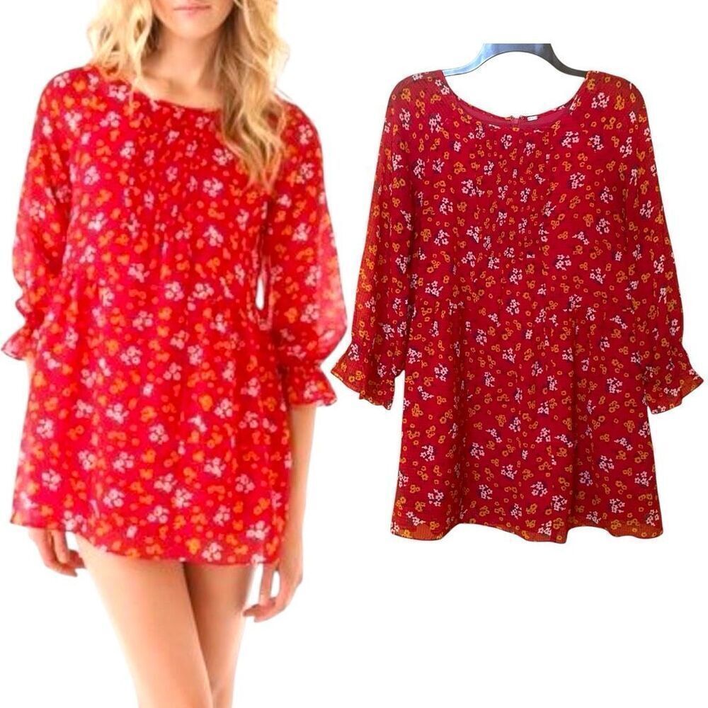 Free People Red Floral Short Countryside Cottage Babydoll Dress Sz S